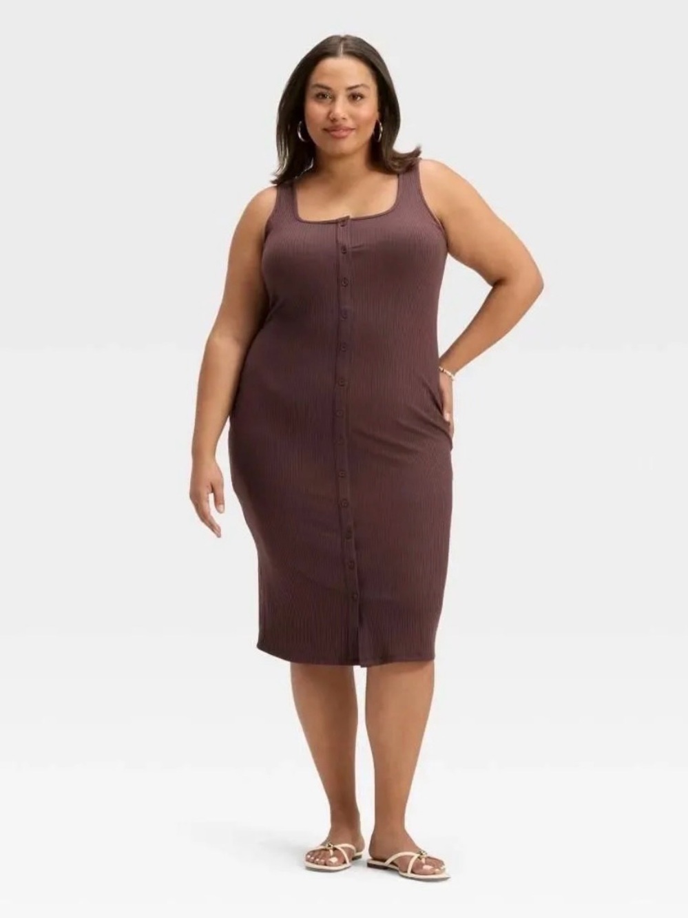 a new day Ribbed Button-Front Midi Dress in Brown